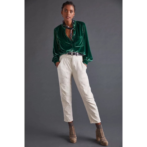 Pilcro for Anthropologie Green Puff-Sleeved Velvet Buttondown NWT Medium - Picture 10 of 12